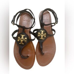Tory Burch Brown and Black Leather Logo Thong Sandals